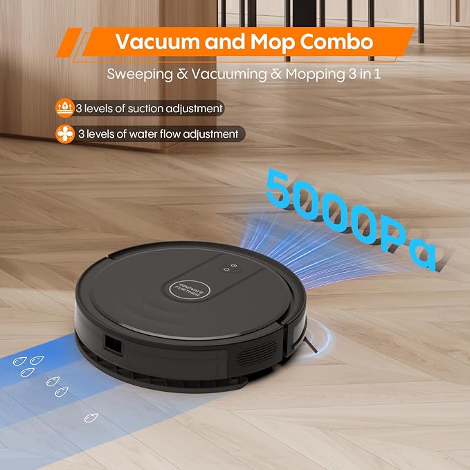 Robot Vacuum and Mop, 3-in-1 Robot Vacuum Cleaner, 5000Pa Powerful Suction with Multi-Surface Cleaning, 2.87" Super Slim, Wi-Fi/App/Alexa, Perfect for Pet Hair, Hard Floors and Pile Carpets
