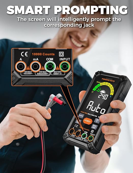 Digital Multimeter Tester 10000 Counts, Smart Multimeter Rechargeable, Auto-Ranging Voltmeter for Measuring Voltage and so on, Dual Fuse Overload Protection, Foldable Stand, Smart Input Jack Warning