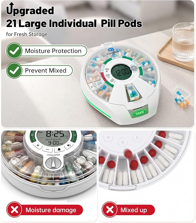 Automatic Pill Dispenser with 21 Individual Pods for Fresh Storage, Seniors-Friendly Smart Medication Organizer with Alarm & Light Alerts, Key Lock for Multiple Vitamins, Supplements, Prescriptions