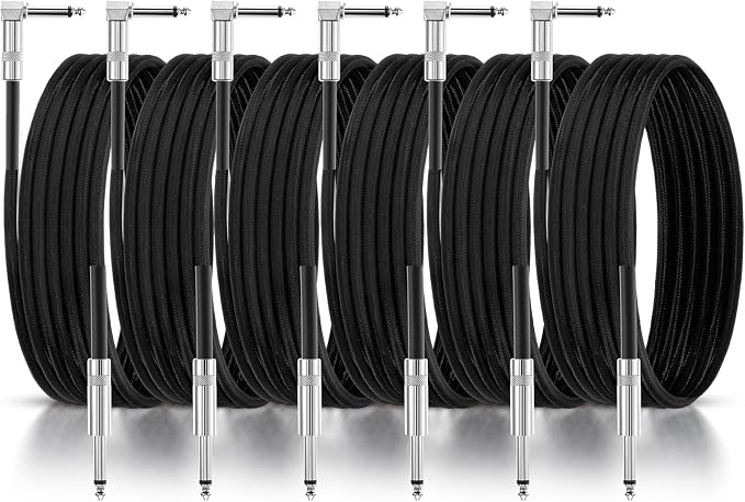 6 Pack 10ft Black Guitar Cables, Quality Instrument Cords for Guitar, Bass, Keyboard – Copper & PE Material, Flexible and Reliable for Performance