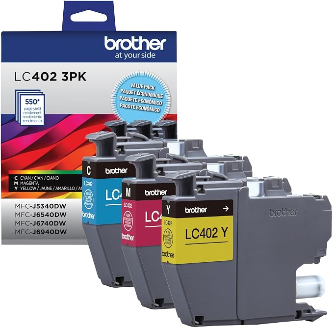 Brother Genuine LC402 3PK 3-Pack of Standard Yield Cyan, Magenta and Yellow Ink Cartridges, Black
