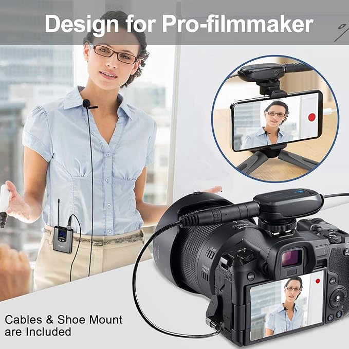 Alvoxcon UHF Dual Channel Wireless Lavalier Microphone System with Volume Control for iPhone, DSLR, PA Speaker, YouTube, Podcast, Video Recording, Conference, Vlogging, Church, Interview, Teaching