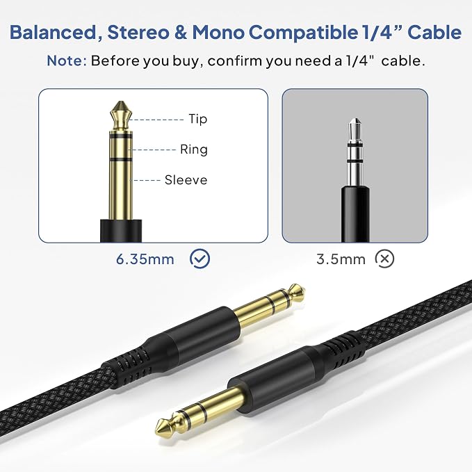 Elebase 1/4 Inch TRS Instrument Cable 10ft 2-Pack,Straight 6.35mm Male Jack Stereo Audio Interconnect Cord,6.35 mm Balanced Line for Electric Guitar,Bass,Keyboard,Mixer,Amplifier,Amp,Speaker,Equalizer