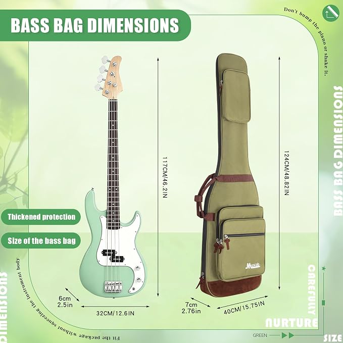 Bass Guitar Bag 0.5 Inch Padding Bass Guitar Case, Bass Electric Guitar Gig Bag Backpack with Neck Strap and 4 Pockets, Green