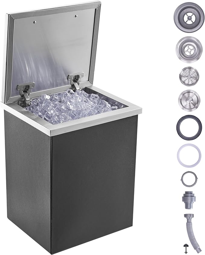 VEVOR Drop in Ice Chest, 14" L x 12" W x 18" H Stainless Steel Ice Cooler, Commercial Ice Bin with Hinged Cover, 40 qt Outdoor Kitchen Ice Bar, Drain-Pipe and Drain Plug Included, for Cold Wine Beer