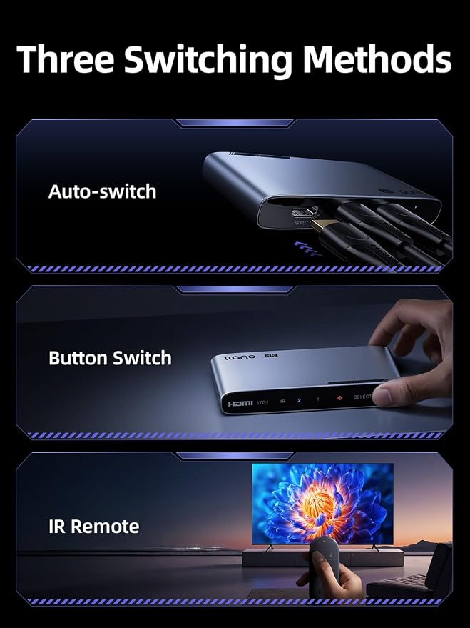 llano HDMI 2.1 Switch 2 in 1 Out, 8K@60Hz with Remote, 4K@120Hz/240Hz, VRR, HDR10+, Dolby Atmos, CEC, 48Gbps,HDMI Switcher for PS5, Xbox, Switch, Roku, Fire Stick, Apple TV, Aluminum Alloy Case