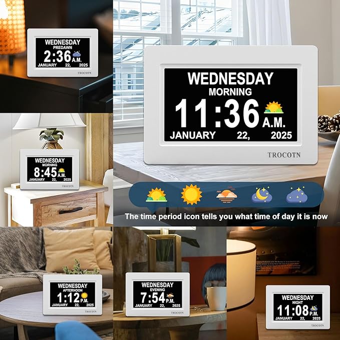 TROCOTN Dementia Clocks, Large Display Calendar Alarm Clock with Auto DST for Seniors, 5 Display Modes Large Font Digital Clock with Custom Alarms Day Date Clocks. (7 Inch White)