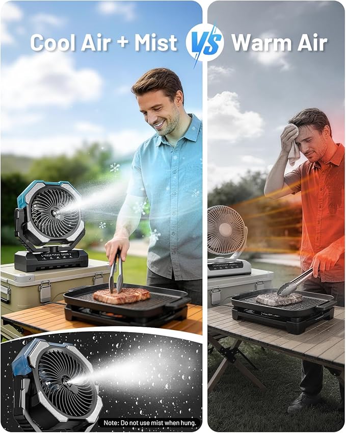 Misting Fan, Portable Camping Fans with 9oz Water Tank, 24000mAh Rechargeable Fan with 4 Speed, Battery Powered Fans with 120H Cooling, Last 5H Mist, 2 Mist Modes, Light, Outsides/Summer Essential