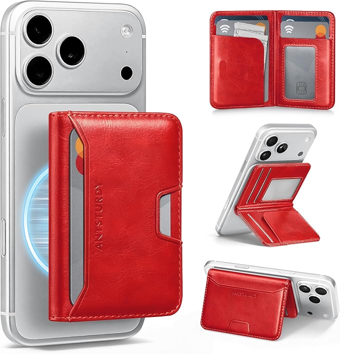 Antsturdy for Magsafe Wallet Stand with Holder,PU Leather RFID Blocking Card Holder,5 Card Slots,Strong Magnet Minimalist Flip Folio Kickstand for iPhone 17/16/15/14/13/12/Pro/Max/Plus/Air,Red