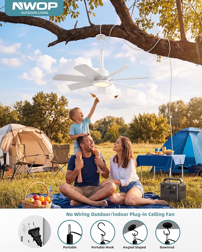NWOP 28'' Outdoor Ceiling Fans with Lights and Remote, LED Gazebo Hanging Fan with Hook, 3CCT 3000K-6500K Dimmable Gazebo Fan, 6-Speed Quiet Ceiling Fan with Timer for Patio, Porch, Pergola, 2-White