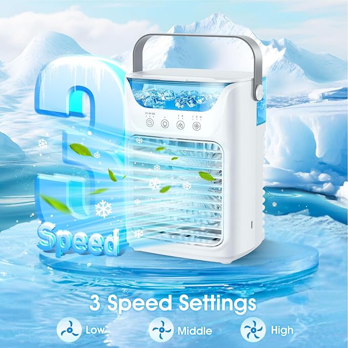 Air Conditioner Fan, 700ML USB Powered Automatic Timing Portable Air Cooler Humidifier, 3 Wind Speeds, with 7 Color Night Light, for Home Office Outdoor Camping Vacation