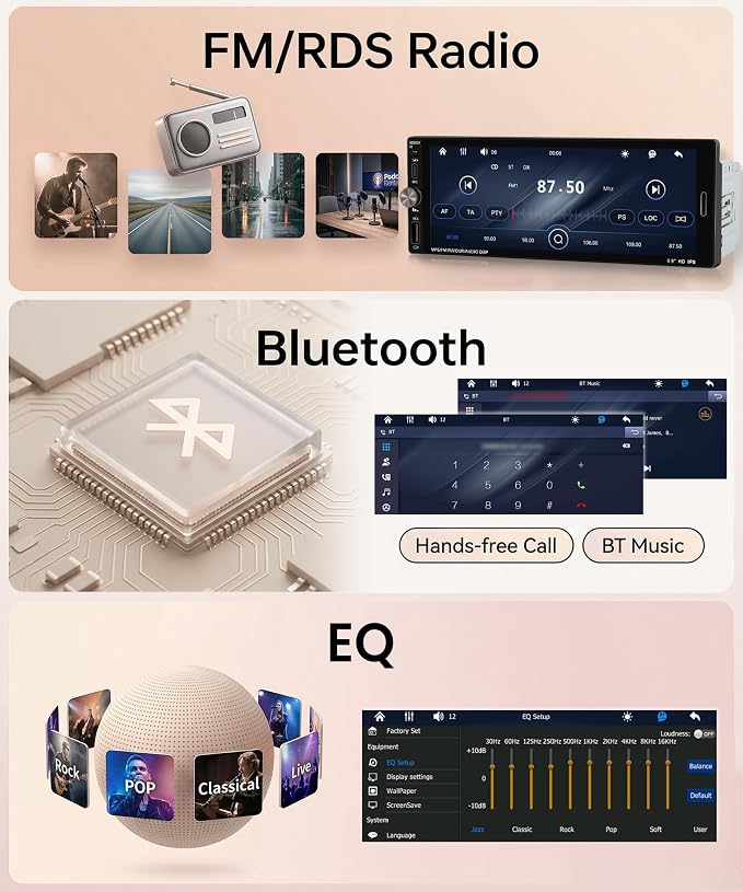 Single Din Car Stereo Wireless Carplay Android Auto, Car Stereo Receivers Bluetooth 5.2, 6.9" IPS Touchscreen Radio 1 Din, Backup Camera, Mirror Link, SWC, FM EQ USB Type-C