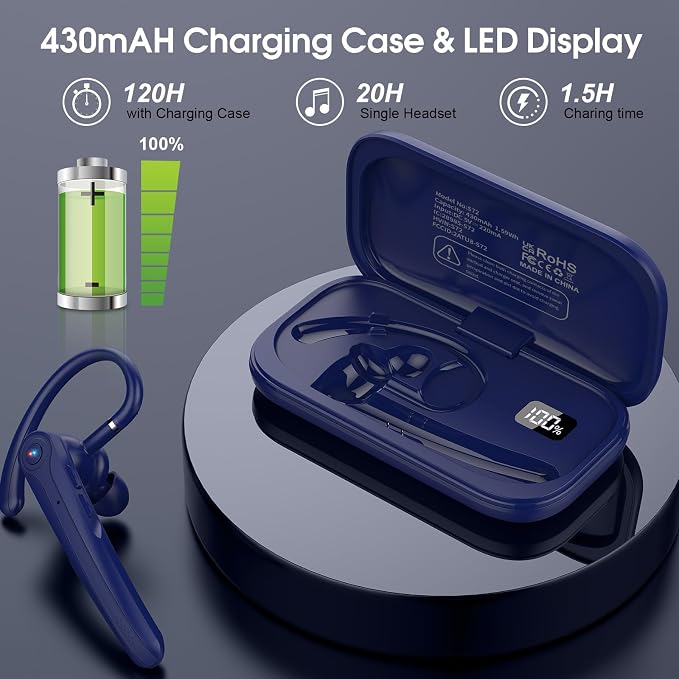 Atheewon Bluetooth Headset, Wireless Bluetooth Earpiece (Blue) | ENC Noise Canceling Mic, 120Hrs, LED Display, IPX7, V5.4 Hand-Free Earphone for Business/Trucker/Driver