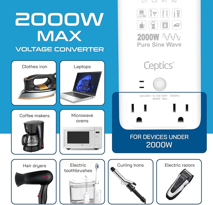 Ceptics Voltage Converter US to Europe, 2000W Pure Sine Wave 220V to 110V, Perfect for Hair Dryer, Straighteners and Curling Iron, 6 in 1 with 2 AC Outlets and 4 USB Ports (PD 45W)