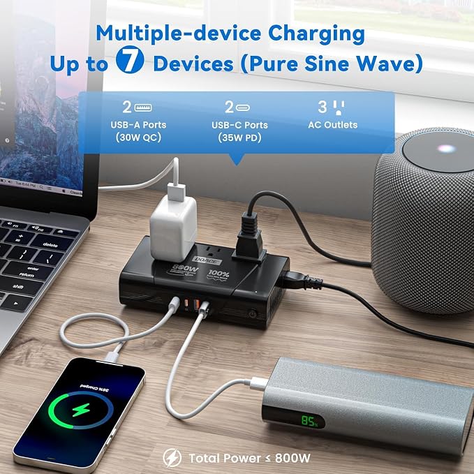 DOACE Universal Travel Adapter: 220V to 110V Pure Sine Wave, EU Step-Down Transformer for 200+ Countries, 3 Outlets & 4 USB, Compatible with Phones, Hair Straighteners (Black, 800w)