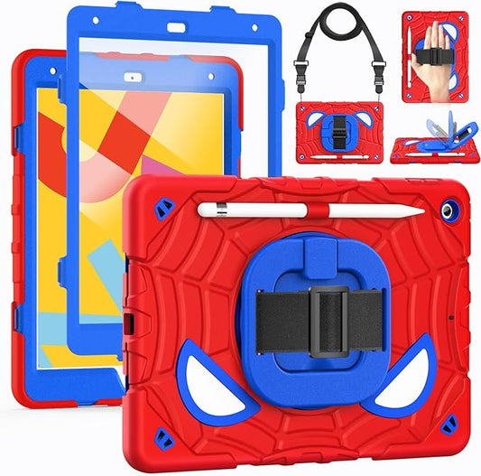Grifobes for iPad 9th/8th/7th Generation Case 2021/2020/2019(10.2 inch), Full Body Protection with Screen Protector/Pencil Holder/Stand,Hand/Shoulder Strap for i Pad 9/8/7 Cover Red+Blue