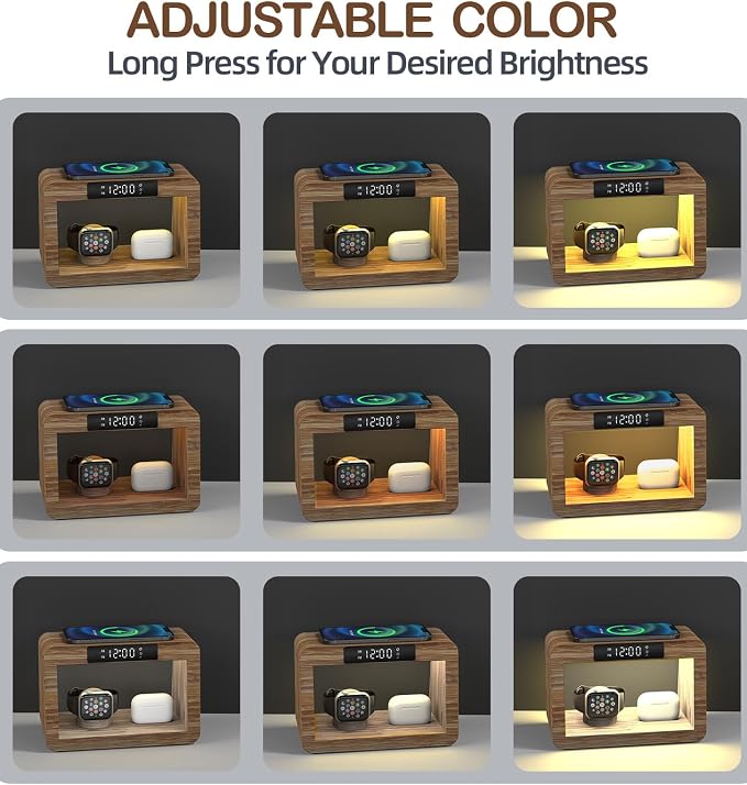 Bamboo Charging Station for Multiple Devices, 15W Fast Wireless Charger Night Light with 3 Color& 4 Adjustable Brightness, Night Stand Charger Station for iPhone/iWatch/AirPods (6955)