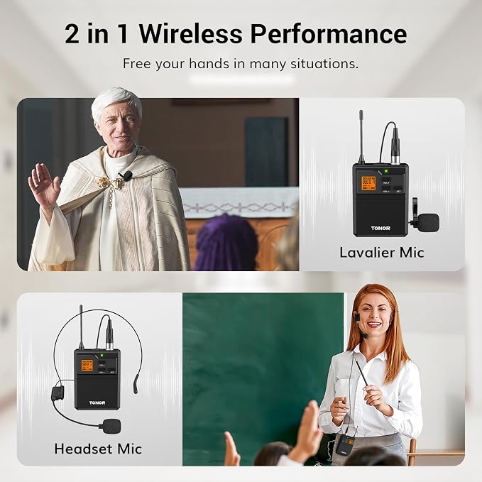 TONOR UHF Wireless Microphones System with Headset/Lavalier Lapel Mics, Bodypack Transmitter, Receiver, 4 * 10 Channels, 90 m/295ft Range for Live Singing Karaoke Church Party DJ, 4 Bodypack Mics