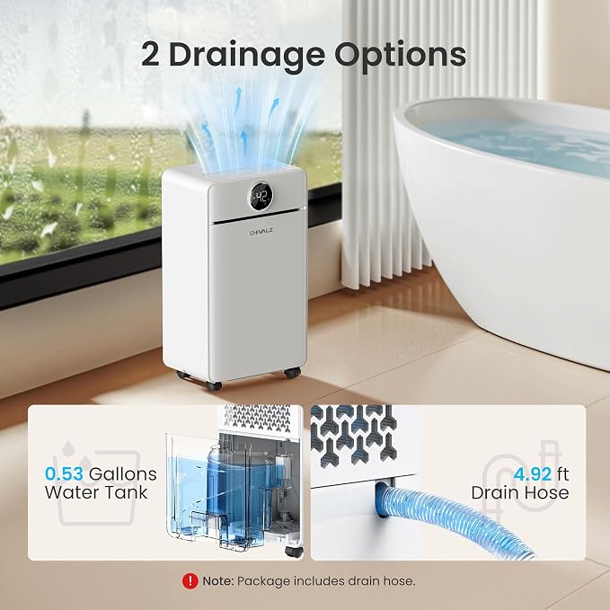 CHIVALZ 1500 Sq.ft Dehumidifier for Basement with Drain Hose, 25 Pints Dehumidifiers for Home, Bedroom, Bathroom, RV, 40dB, Intelligent Humidity Control, 3 Modes, 24H Timer, White 1Pack