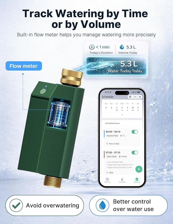 MOES WiFi Water Timer for Garden Hose, No Hub Required, Sprinkler Controller Built-in Flow Meter, Brass Inlet & Outlet, Smart Hose Timer, App & Voice Control, 10 Schedules, Up to 2-Year Battery Life