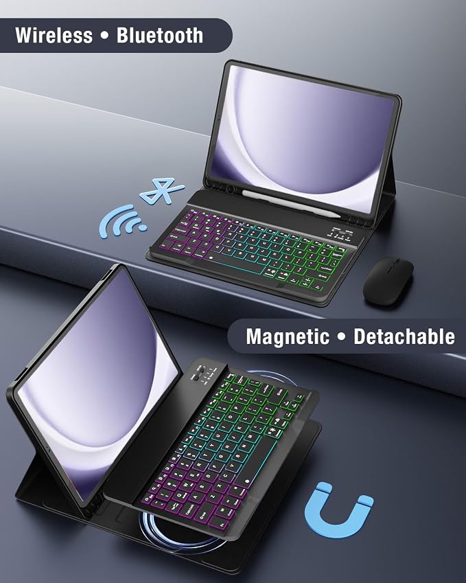 Keyboard Case for Samsung Galaxy Tab A11 Plus 11 Inch 2025/ A9+ Plus 2023 Tablet, Detachable Rainbow Backlit Wireless Keyboard and Mouse, Slim Stand Cover with S Pen Holder (Black Marble)