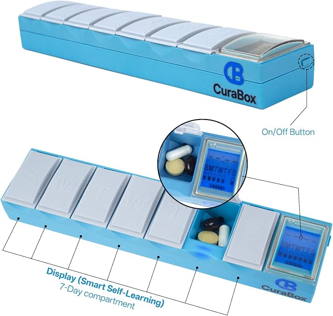 Weekly Medicine Pill Organizer with Alarm BPA Free 7-Day Travel Pill Dispenser with Auto-Learning Habit Sensor, Clear LCD, Rechargeable, Portable, Large Compartment for Vitamin, Supplements, Fish Oil