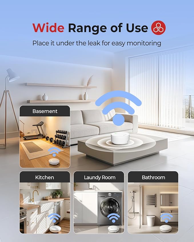 Heiman Water Leak Detector for Home, Water Sensor Alarm Leak Detector, Battery Operated Flood Smart WiFi Water Sensor for Basement/Sump Pump, Real-Time App Alert and Sound Alarm, 3-Pack with Gateway