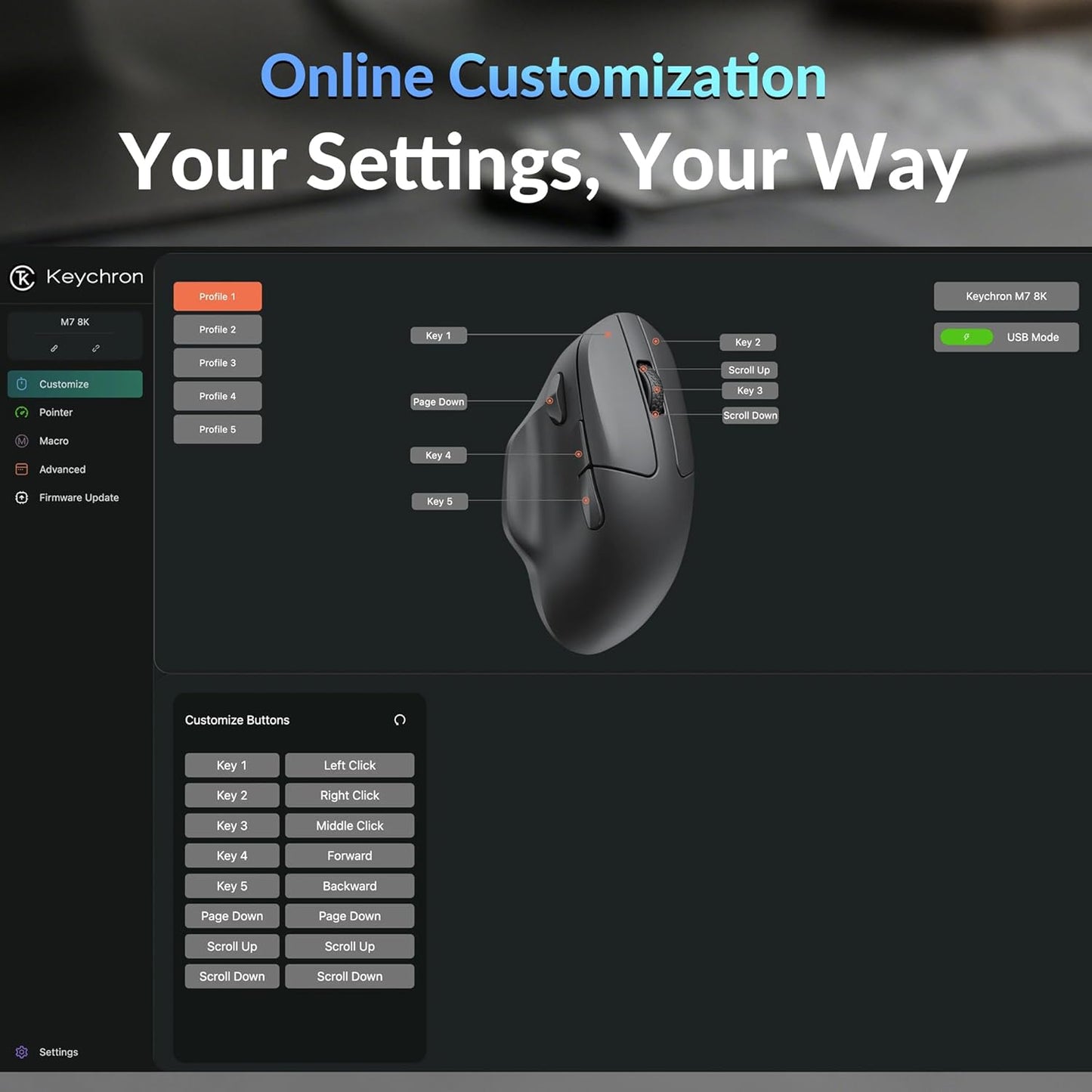 Keychron M7 8K Wireless Mouse, 30K DPI Optical Computer Mice, 2.4 GHz/Bluetooth/Wired with Macro Button 66g Lightweight Ergonomic, Up to 140 Hours Worktime for Laptop macOS/Windows - White