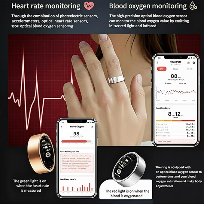 Smart Ring for Women Men, Fitness & Health Tracker with Vital Signs Monitoring, Sleep Tracker, Remote Photography, No Subscription(Gold,12#)