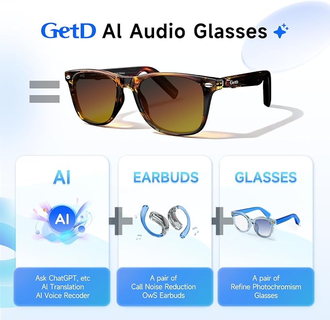 GetD AI Glasses for Men & Women, Smart Glasses Powered by ChatGPT, Bluetooth Glasses for AI Translation 147 Languages, Polarized Lens, AI Meeting Memos and AI Dialogue, 11H, UV Protection Sunglasses
