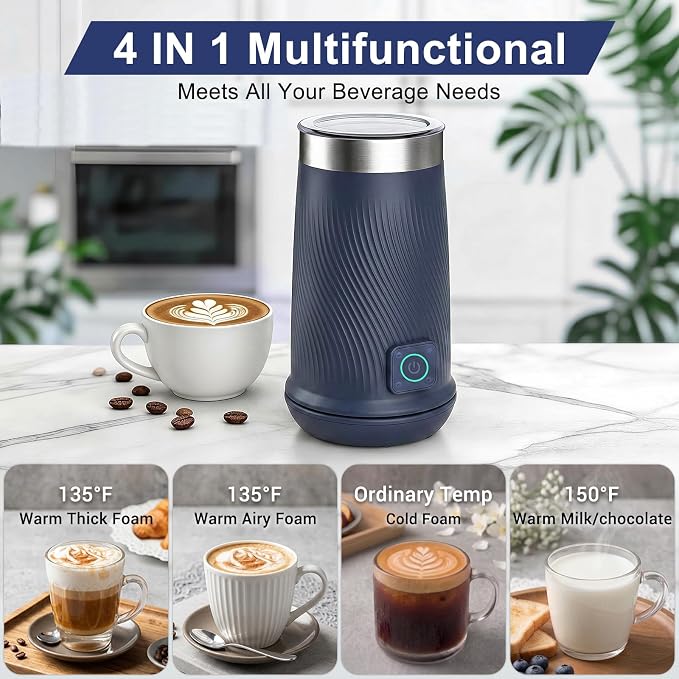 Wowteam Milk Frother, 4-in-1 Electric Milk Steamer, Warm and Cold Milk Warmer and Foam Maker for Coffee, Latte, Cappuccinos, Macchiato, 8.2oz/240ml, Stainless Steel (Blue)