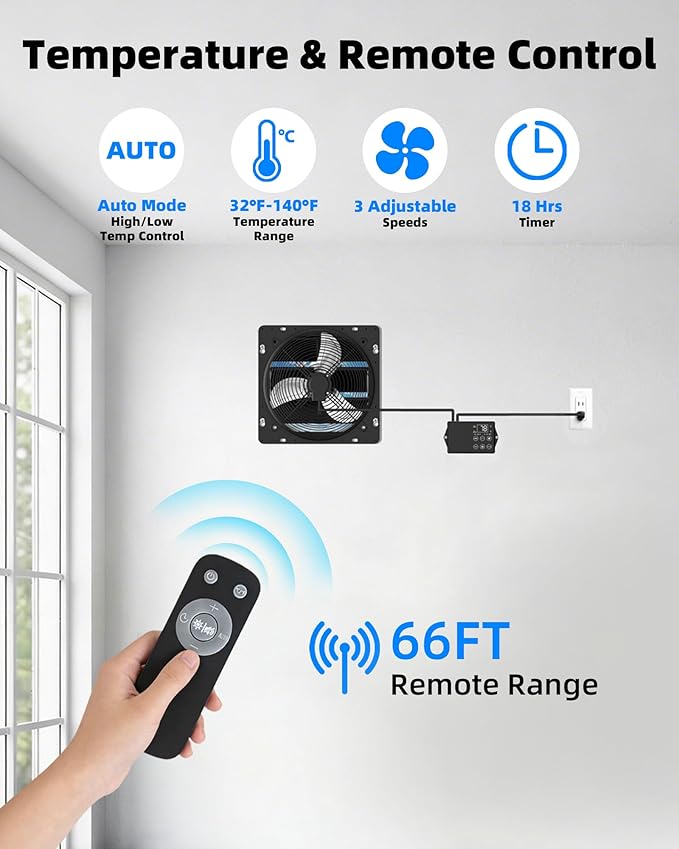 12'' Upgraded Shutter Exhaust Fan with Thermostat & Remote, 980 CFM Wall Mounted Attic Exhaust Fan, Auto On/Off by Temperature for Garage, Greenhouses, Sheds, Chicken Coops & Basement