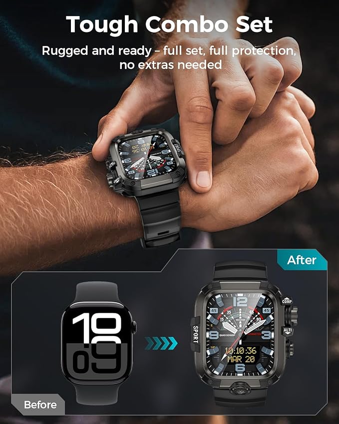 Goton Rugged Case and Band Kit with Screen Protector for Apple Watch 46mm, Compatible with Apple Watch Series 11/10, Full Body Shockproof Metal+PC Bumper Cover with Soft Band, 46mm Black