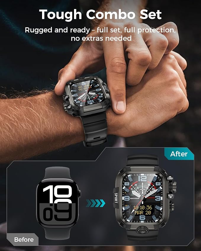 Goton Rugged Case and Band Kit with Screen Protector for Apple Watch 45mm, Compatible with Apple Watch Series 9/8/7, Full Body Shockproof Metal+PC Bumper Cover with Soft Band, 45mm Black