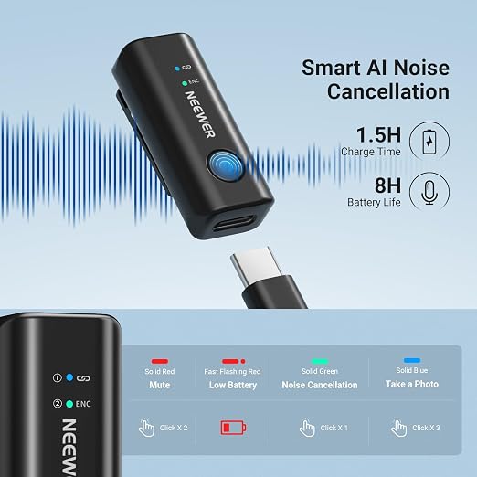 NEEWER KM23C AI Wireless Lavalier Microphone Compatible with iPhone Android Tablet PC Laptop, Omnidirectional 48K/24Bit 20-20KHZ AI Noise Cancellation Mute 70m Range 32h Total Battery (1x RX + 4X TX)