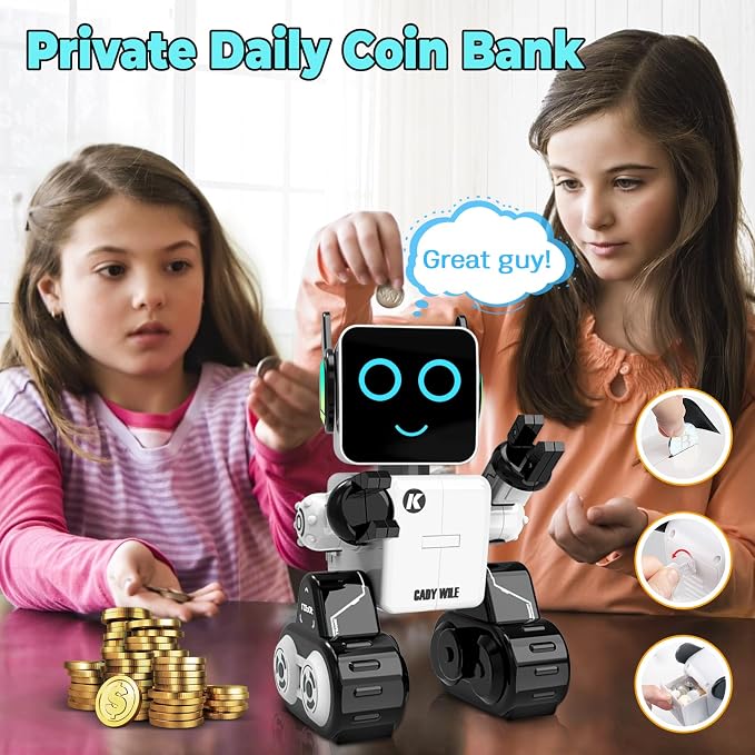 okk Robot Toys for Kids, Programmable Remote Control Robot, Interactive Toys with Coin Bank, LED and Tray, Walking Talking Singing Dancing Gift for Boys Girl（White）