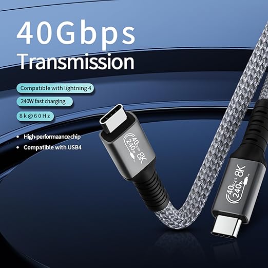 LanSenSu 240W USB4 Cable, 2.6FT, 40GBps Data Transmission, 240W (48V5A) PD Super Fast Charge, 8K@60Hz HD Extension for Thunderbolt 4, Mobile Phone, Notebook, MAC, SSD, PD3.1 and QC4.0