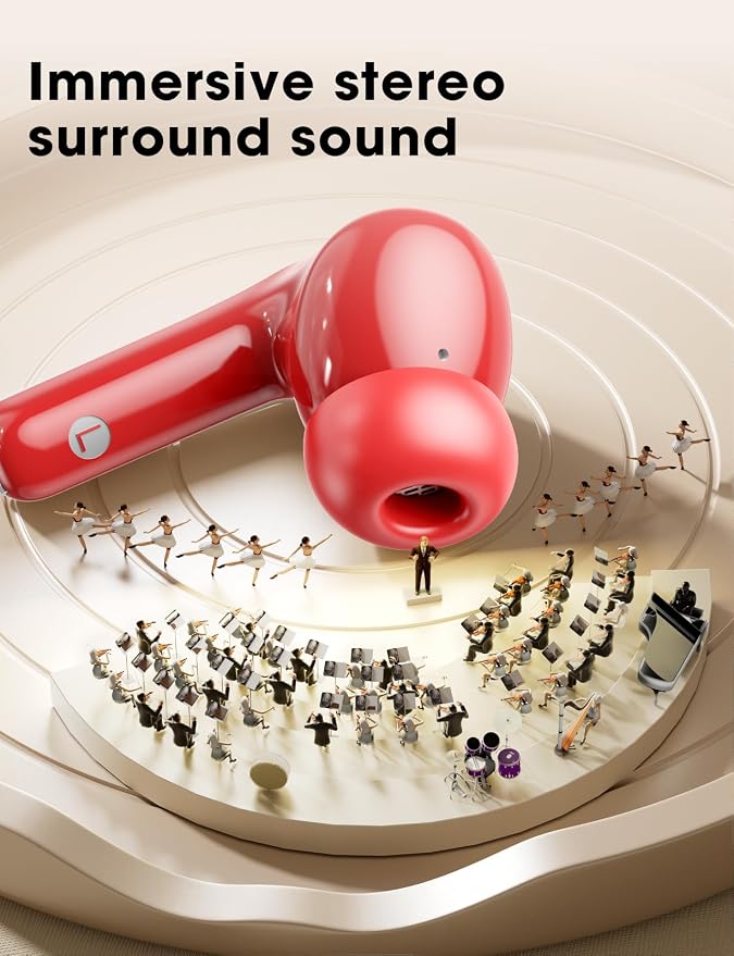 Wireless Earbuds Deep Bass Sound Ear Buds, Bluetooth 5.3 Headphones 48H Playtime, LED Display Earphones with Mic, IPX7 Waterproof Lightweight in-Ear Buds, Touch Control for iPhone TV Laptop Red