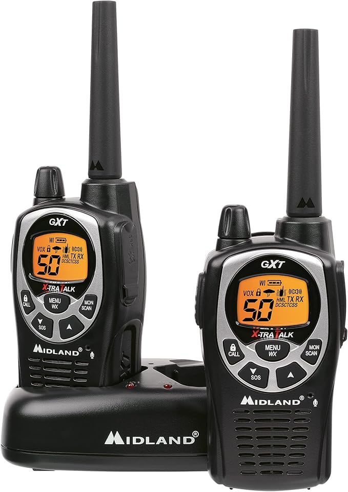Midland GXT1000VP4 GMRS Two-Way Radio (50 Channel, Long Range, 142 Privacy Codes, SOS, NOAA, Rechargeable Nickel Battery, Black/Silver 2-Pack)