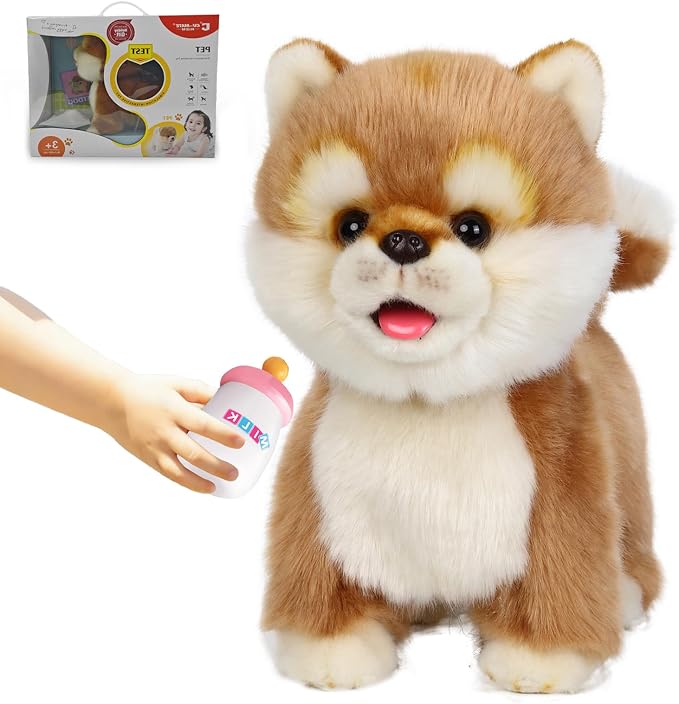 CU-MATE Electronic Walking Dog Toy, Interactive Plush Akita Puppy, Realistic Interactive Pet Toy Dog, Walking, Barking, Wagging Tail & Talking, Present Gifts for 3+ Year