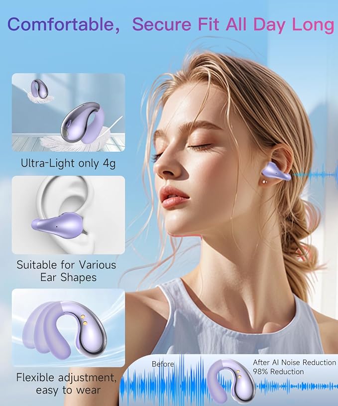 Upgraded Ultra Open Ear Earbuds - Lightweight Comfort Clip-On Wireless Bone Conduction Earbuds, Secure Fit & AI-Powered Clear Calls Bluetooth Open Ear Headphones for Work,Commute,Workout,Running