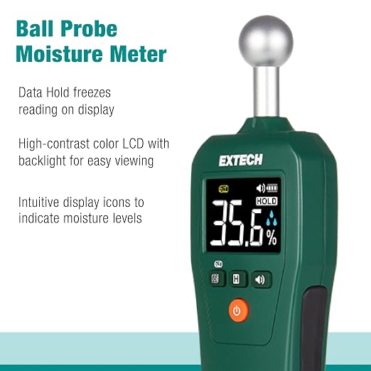 Extech MO57A Compact Pinless Ball Probe Moisture Meter - Non-Destructive Spherical Sensor Tester for Water Damage, Wood and Drywall, Up to 4-Inch Depth Detection with Audible Alert