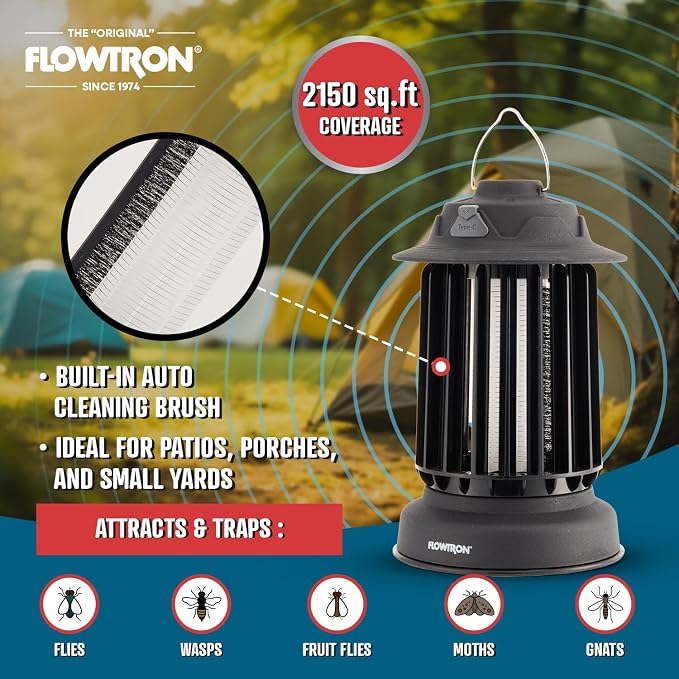 Flowtron Bug Zapper Lantern | 2-in-1 Electric Mosquito Killer & LED Camping Lantern, 2150 Sq Ft Coverage, 2000mAh Rechargeable Battery, Self-Cleaning Bug Zapper for Patio Outdoor & Indoor Use