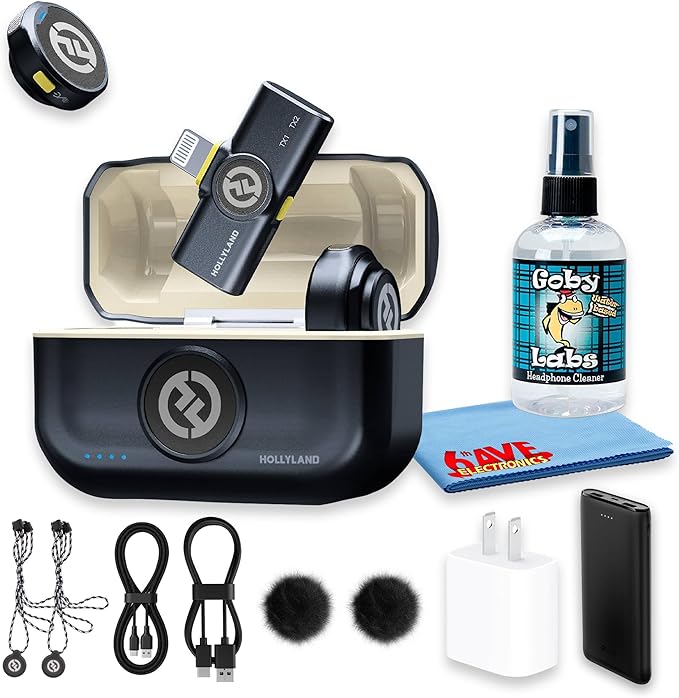 Hollyland Lark M2 Duo Wireless Microphone for iPhone Lightning, Dual Lavalier Mics, 2-Person Recording, 48kHz, 1000 ft Range, Shine Charcoal (Bundle)