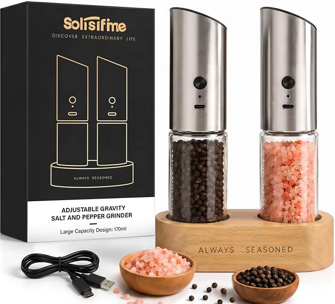 Gravity Electric Salt and Pepper Grinder Set With Wooden Base, USB Rechargeable Stainless Steel Mills with Large Capacity, LED Light, Adjustable Coarseness, Ideal for Kitchen and Dining(2 Pack)
