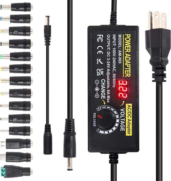 3~24V 6A Adjustable Universal Power Supply Adapter 144W AOYADAISU DC Power Supply with Polarity Converter&14 Tips, 3V 5V 6V 9V 12V 15V 18V 19V 20V 24V 100V-240V AC to DC Converter for LED Strip Light