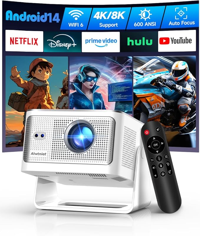 Smart Projector with 4K 8K Support, Android 14 mini Projector with Wifi and Bluetooth, 600 ANSI, Auto Focus & Keystone, Obstacle Avoidance, 1080P Portable Movie Proyector, HY350Max for Home Outdoor