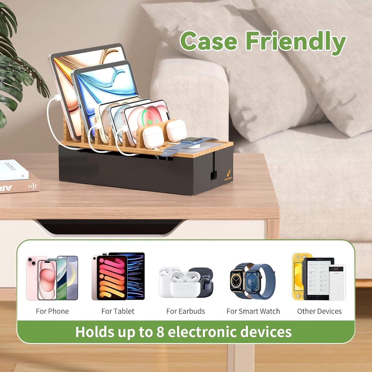 Pezin & Hulin Cord Organizer Box, Surge Protector Organizer, Device Charger Station for Phones & Tablets, Wood Charging Dock -with 6 Wire Cables, BUT NO Power Supply - Natural + Black