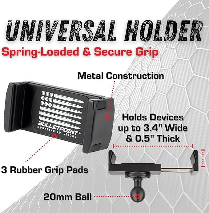 Bulletpoint Dash Mount Cell Phone Holder Jeep Compatible Wrangler (2007-2010 JK and 1997-2006 TJ) with 20mm Ball Mount for iPhone and Android Smartphone – Features Heavy Duty Carbon Fiber Kevlar Arm