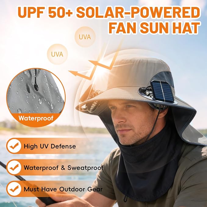 Solar Powered Fan Hat, with 2 Removable Fans & Sun Protection Neck Cover, Wide Brim Sun Hat for Men Women, Enhanced Airflow UPF 50+, USB and Solar Charging, for Outdoor Fishing, Hiking Gardening Grey